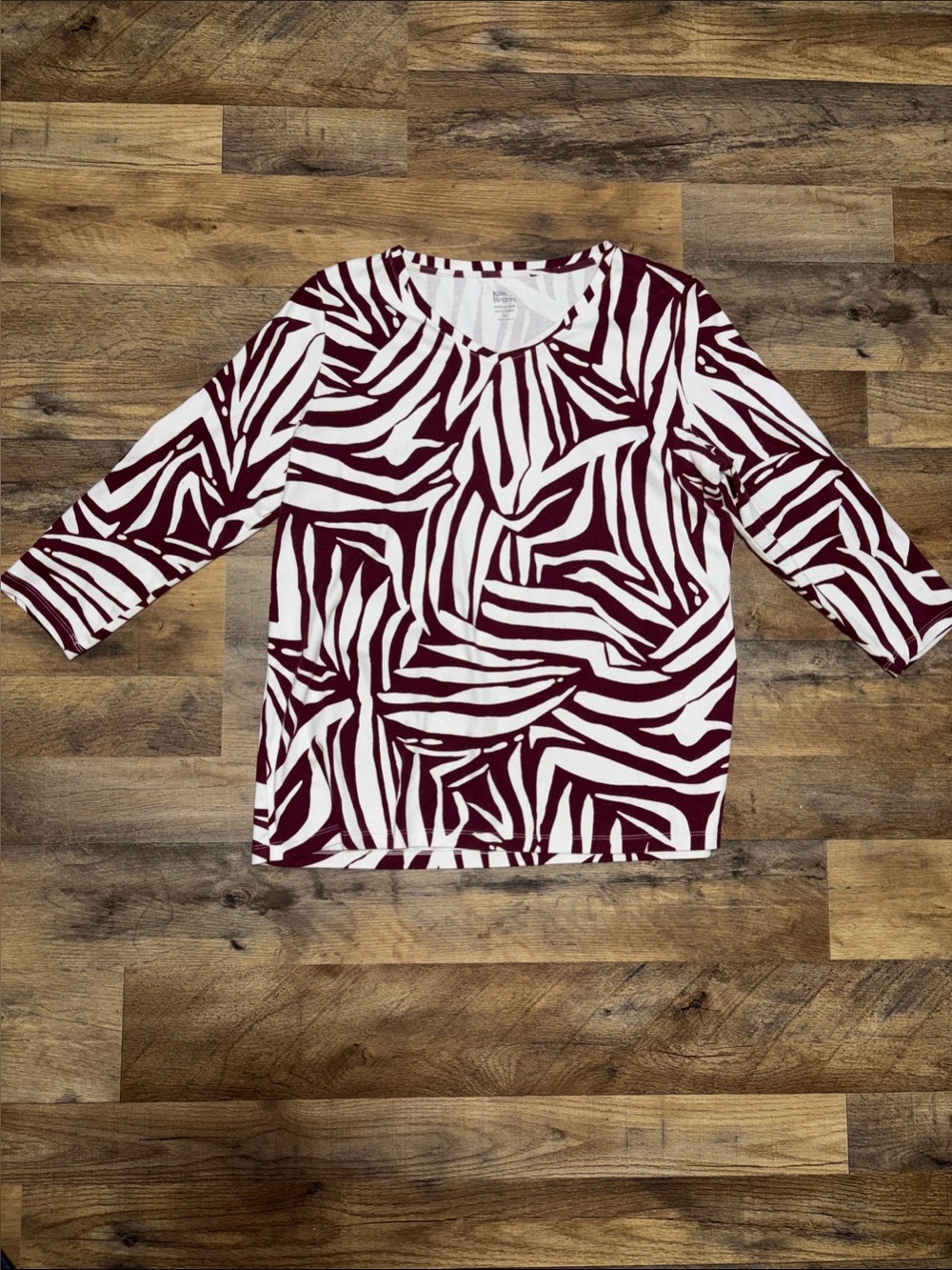 Kim Rogers Burgundy and White Abstract Zebra Scoop Neck Top